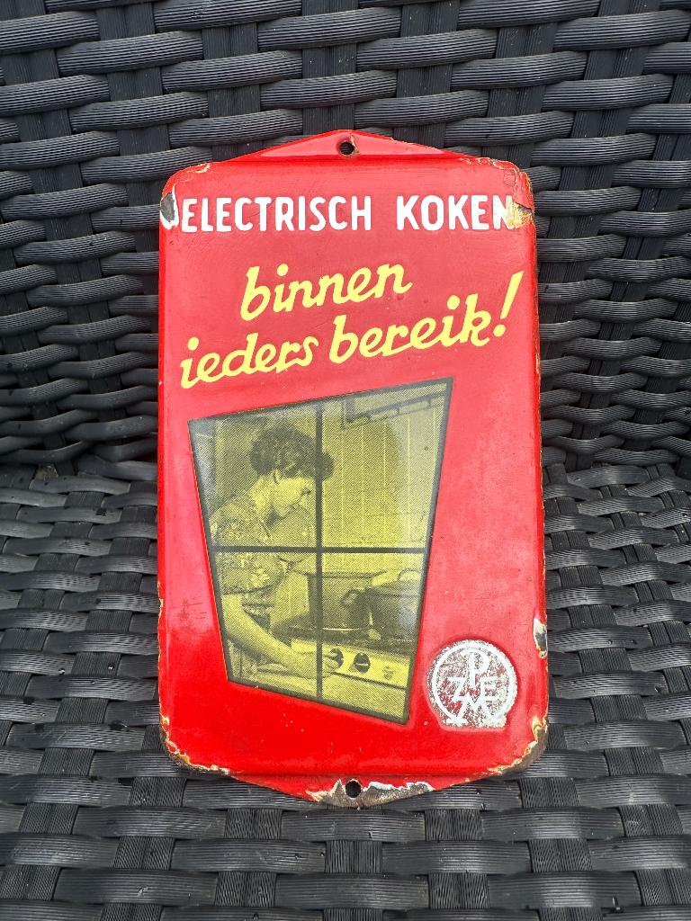 Emaille ELECTRISCH KOKEN deurpostje / bordje. PZEM., Ophalen of Verzenden, Gebruikt, Reclamebord