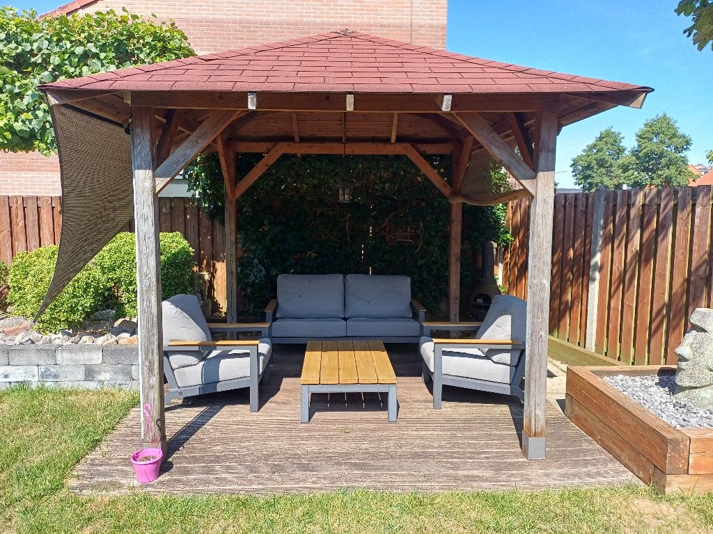 GRATIS houten tuinpaviljoen 340 x 340 cm – zelf demonteren, Tuin en Terras, Ophalen, Gebruikt, Tuinpaviljoen