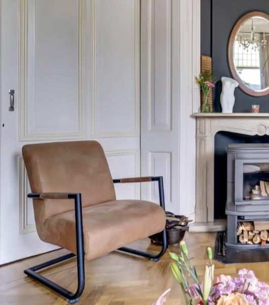 Industriële design fauteuil / loungestoel cognac, Ophalen, 75 tot 100 cm, Zo goed als nieuw, 75 tot 100 cm