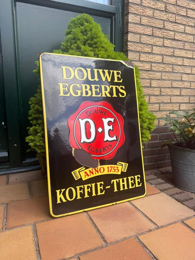 Oud emaille reclamebord Douwe Egberts koffie en thee langcat, Verzamelen, Ophalen, Zo goed als nieuw, Reclamebord