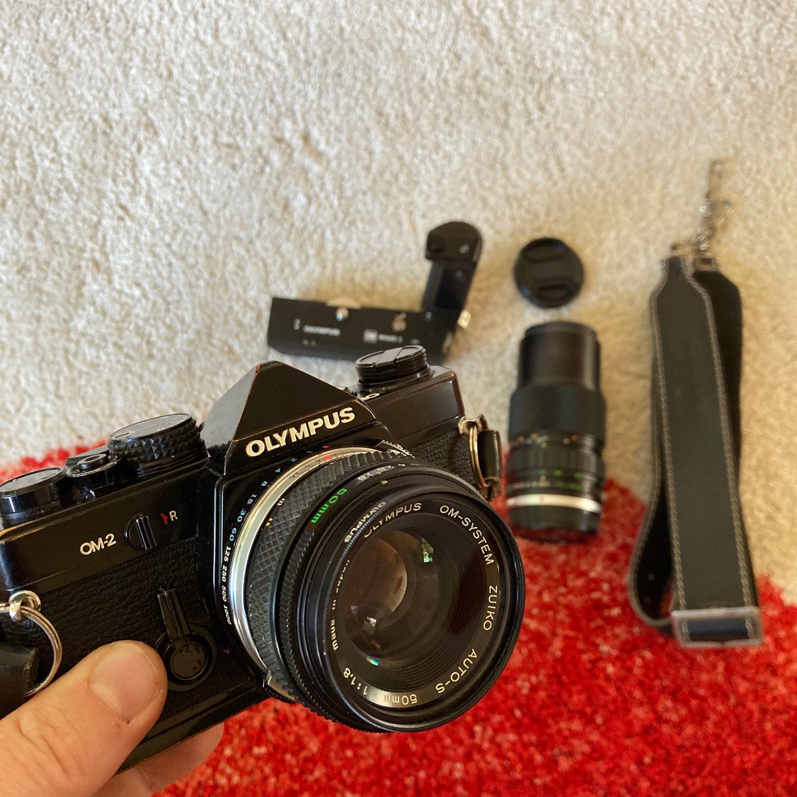 Black Olympus OM-2 complete. 50, 75-150, drive, strap, Ophalen of Verzenden, Gebruikt, Spiegelreflex, Olympus