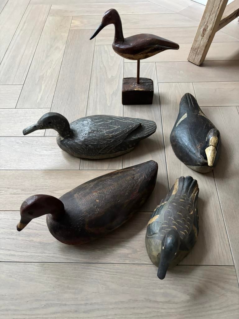 Antieke oude eenden 4 stuks en 1 vogel op stok, Ophalen of Verzenden, Zo goed als nieuw