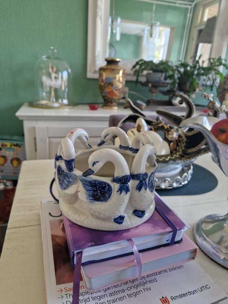 Vintage Zwanen Bloempot / Plantenbak - Blauw-Wit Keramiek, Antiek en Kunst, Ophalen of Verzenden