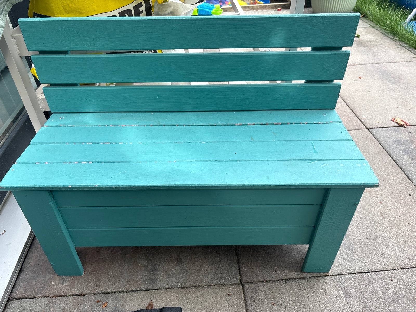 Houten kinder bankje met opbergruimte - Turquoise, Ophalen, Gebruikt, Hout