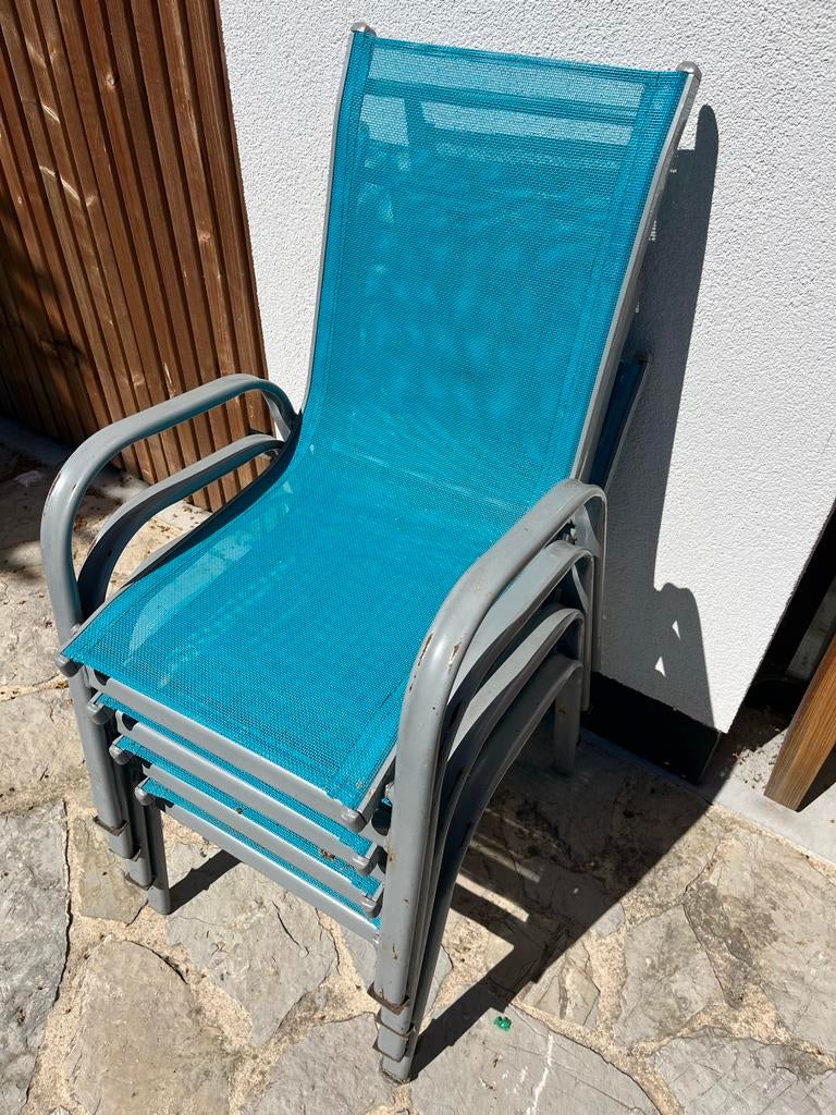 Stapelbare kinder tuinstoelen met blauw textileen (4 stuks), Tuin en Terras, Tuinstoelen, Ophalen, Gebruikt, Metaal, Stapelbaar