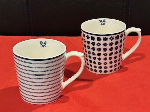 2x grote XL mok/beker Laura Ashley, blauw-wit chocolademok, Ophalen, Overige typen, Zo goed als nieuw, Overige stijlen