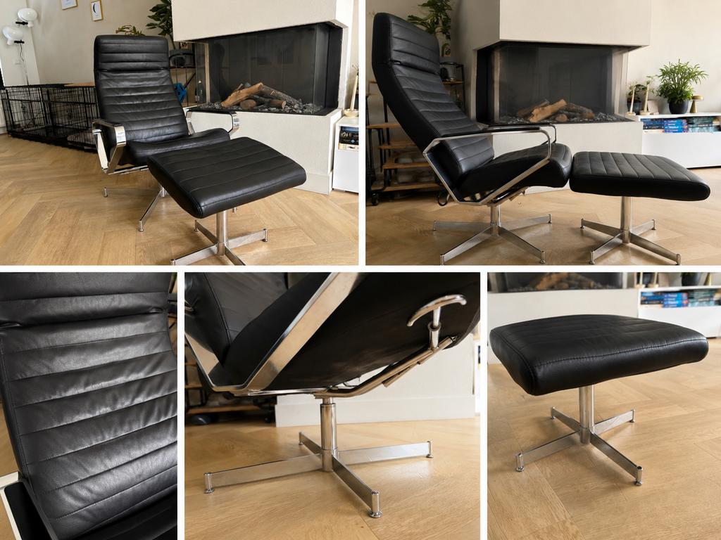 Zwarte leren relaxfauteuil met voetenbank, Huis en Inrichting, Fauteuils, Ophalen, Gebruikt, 50 tot 75 cm, Leer