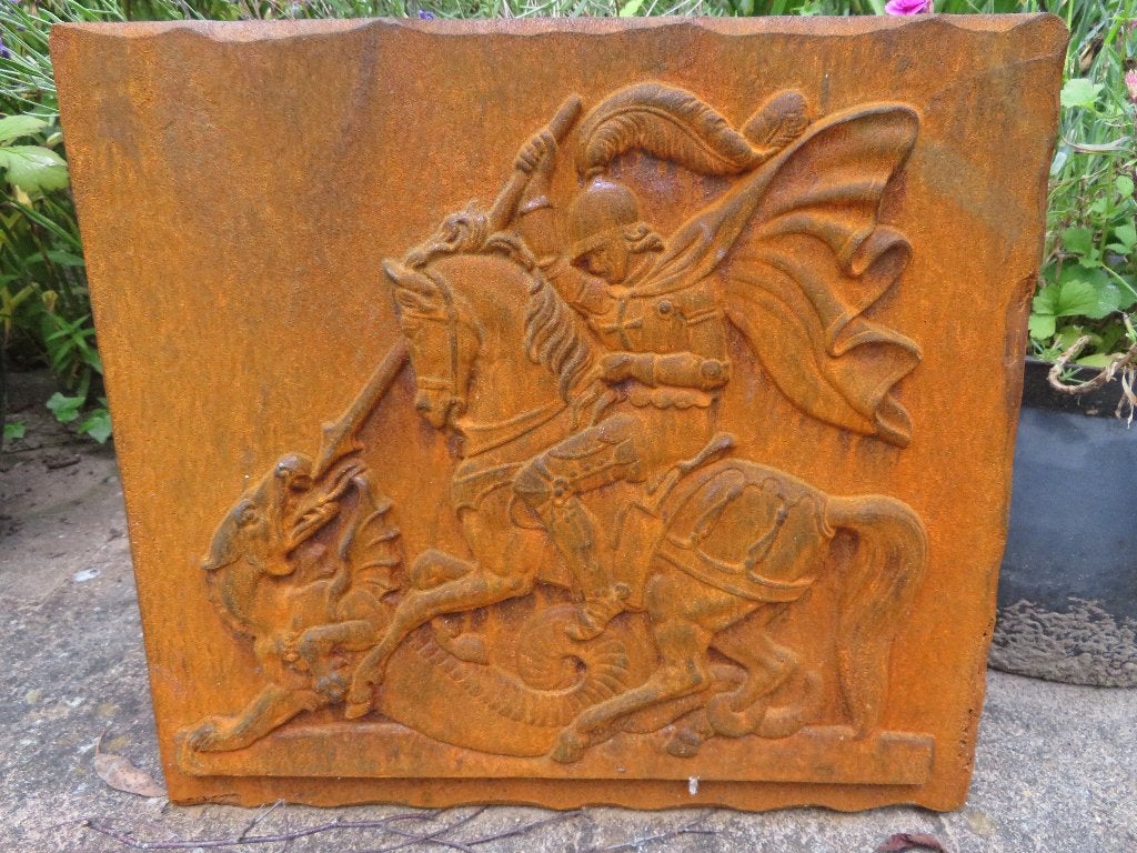 Haardplaat die de legende van Sint Joris en de Draak uit-, Antiek en Kunst, Curiosa en Brocante, Ophalen