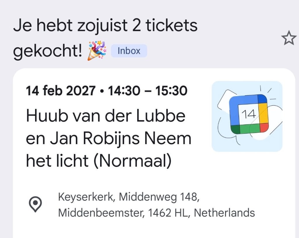 2 Concertkaartjes Huub van der Lubbe, Twee personen, Februari