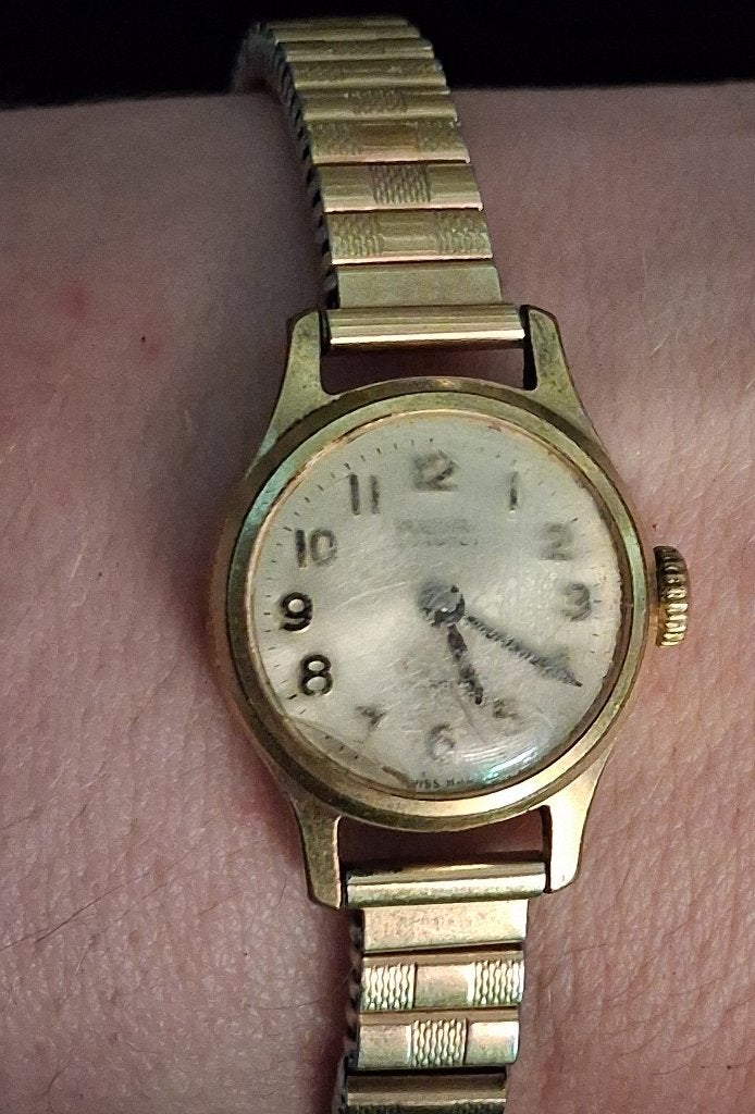 Vintage goudkleurig stalen horloge met flexband, opknapper, Overige merken, Staal, Gebruikt, Staal
