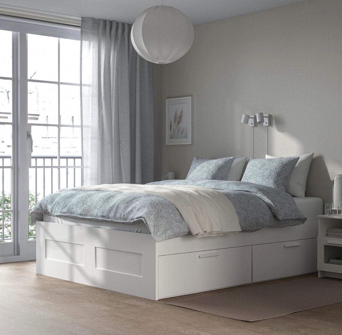 IKEA Brimnes bed inclusief hoofdbord en opbergruimte 160x200, Ophalen, Gebruikt, Wit, Tweepersoons