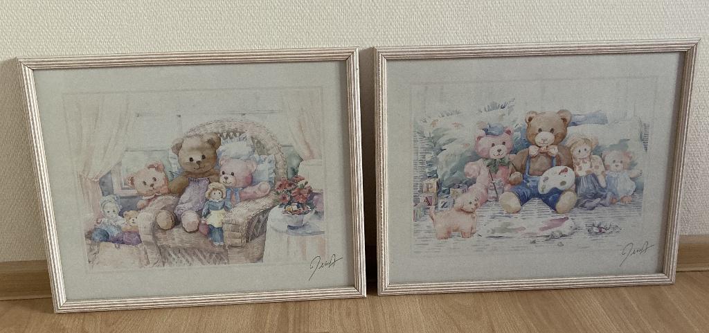 Set van 2 schilderijen teddyberen aquarel HxB 43x53cm, Ophalen, Minder dan 50 cm, Oorspronkelijke maker, Zo goed als nieuw