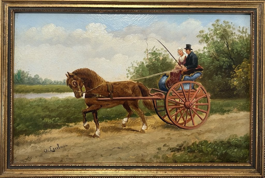 66. Olieverfschilderij – paard en sjees, late 19e eeuw, Ophalen of Verzenden