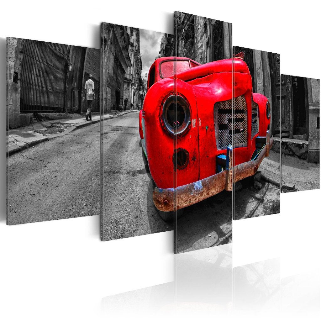595 Rood Oldtimer Auto 5 Luik Canvas Schilderij 200x100cm, Ophalen of Verzenden, Nieuw, 125 cm of meer, Schilderij