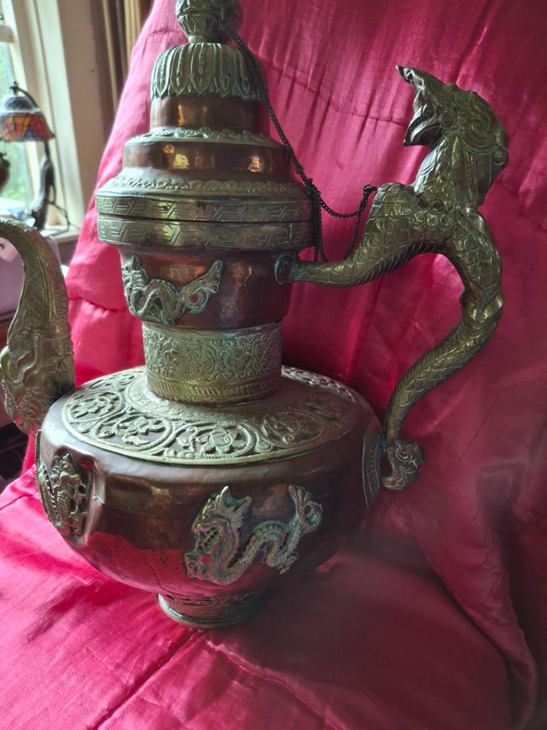 Antieke Oosterse Koperen Theepot met Drakenmotief, Ophalen of Verzenden, Koper