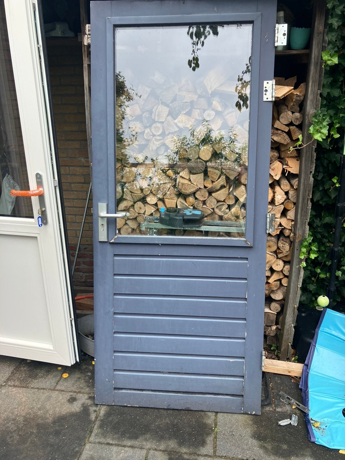 Hardhouten buitendeur met dubbel glas, Ophalen, Gebruikt, 80 tot 100 cm, Buitendeur