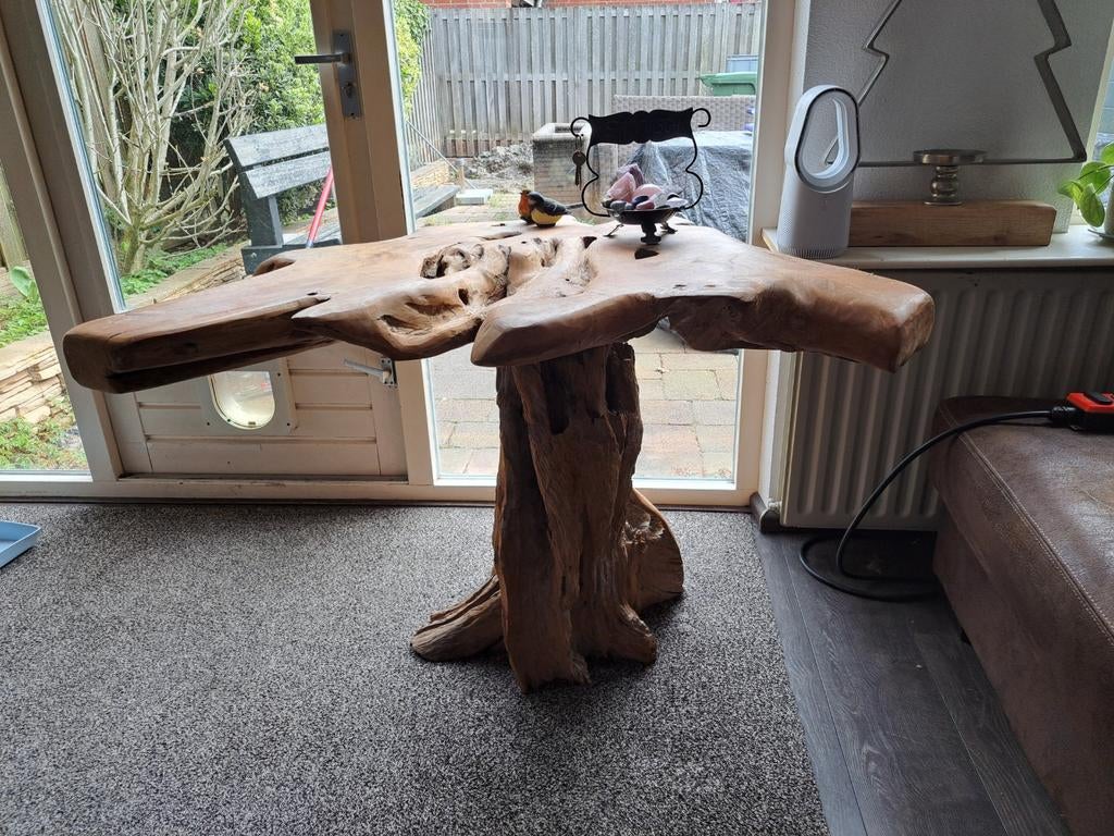 Bijzondere teakhouten boomstamtafel - Uniek design, Ophalen, Gebruikt, 100 tot 150 cm, 75 cm of meer