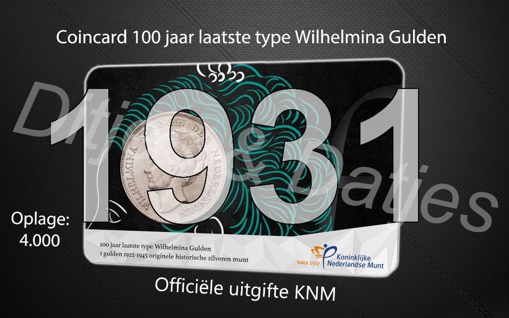 Laatste type Wilhelmina Gulden in coincard KNM 1931, Postzegels en Munten, Ophalen of Verzenden, Koningin Wilhelmina, 1 gulden