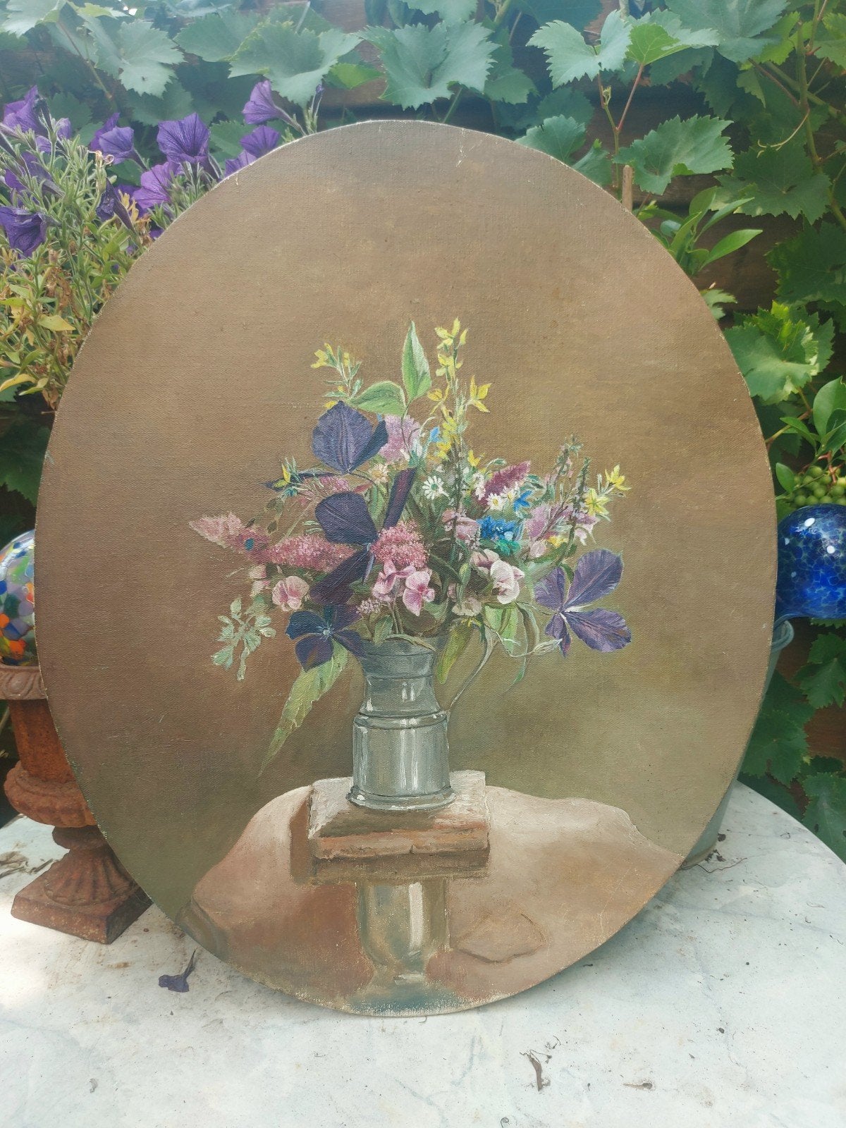 Antiek ovaal schilderij Olieverf op doek,bloemen op vaas, Ophalen
