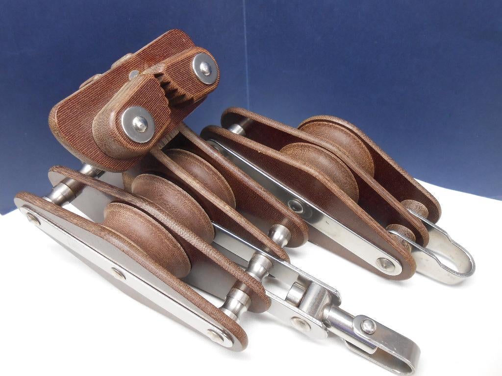 Tufnol Grootschoot blokken set, 3 + 2-schijfs, 14 - 16 mm, Watersport en Boten, Ophalen of Verzenden, Gebruikt, Lijn of Blok