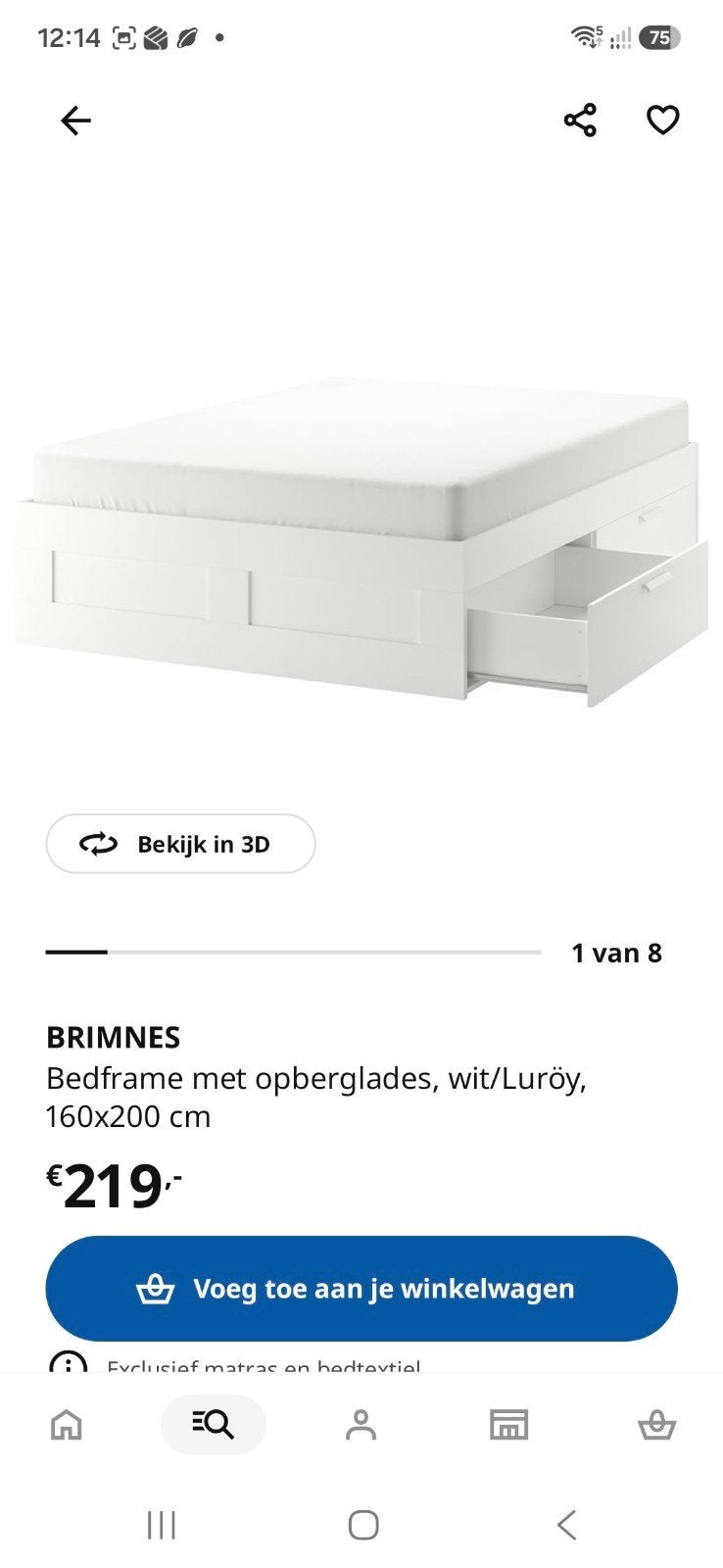 Bed 160x200 Ikea Brimnes. wit. 4 lades, Ophalen, Gebruikt, Wit, Tweepersoons