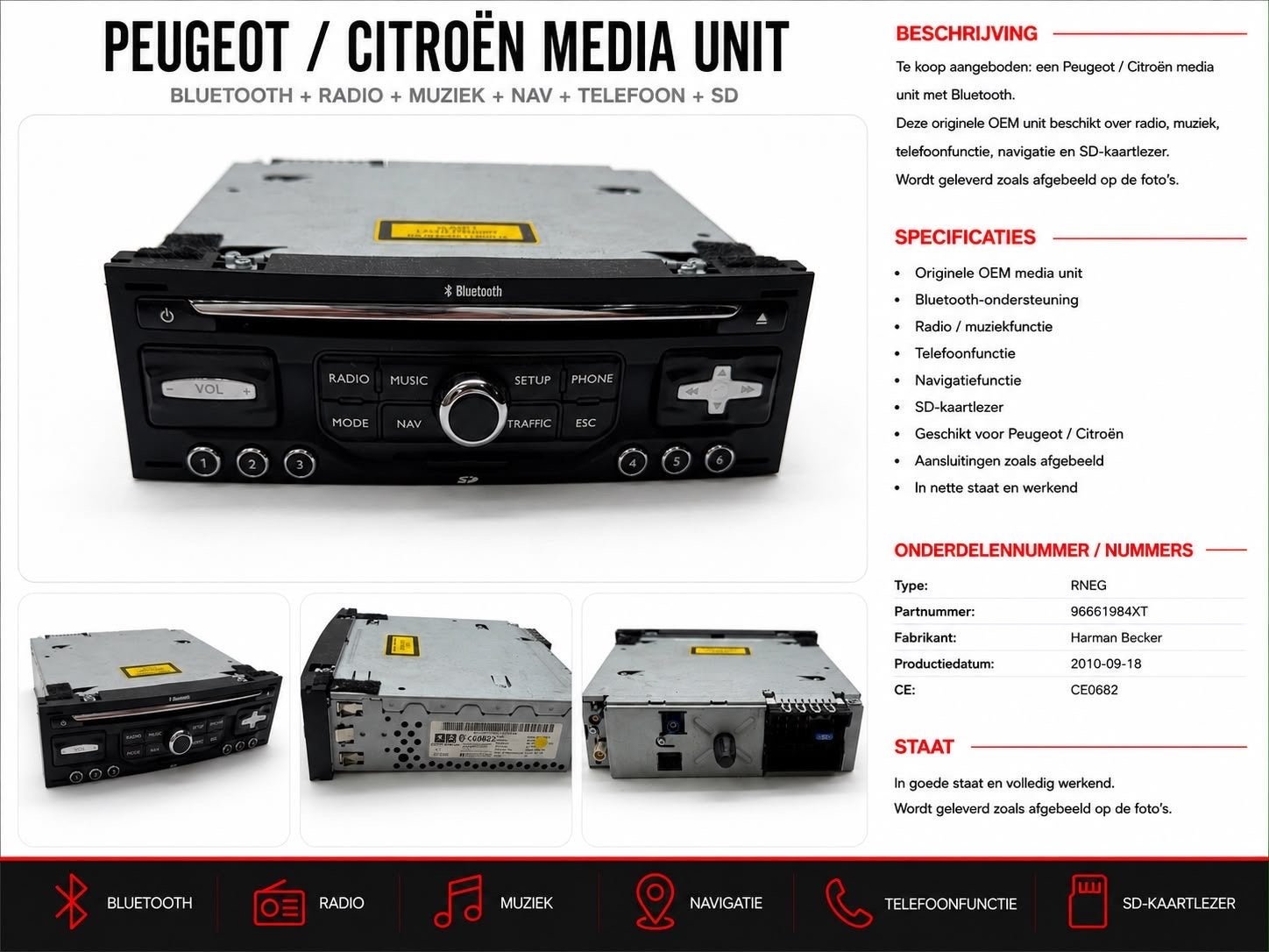 Peugeot Citroën RNEG Navigatie Media Unit – Bluetooth SD Rad, Ophalen of Verzenden, Gebruikt