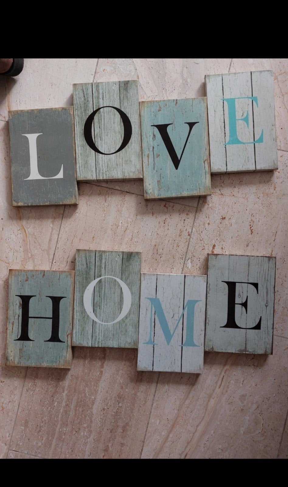 Decoratieve houten bordjes 'LOVE HOME' - Vintage stijl, Gebruikt, Meerkleurig, Ophalen of Verzenden, Vintage