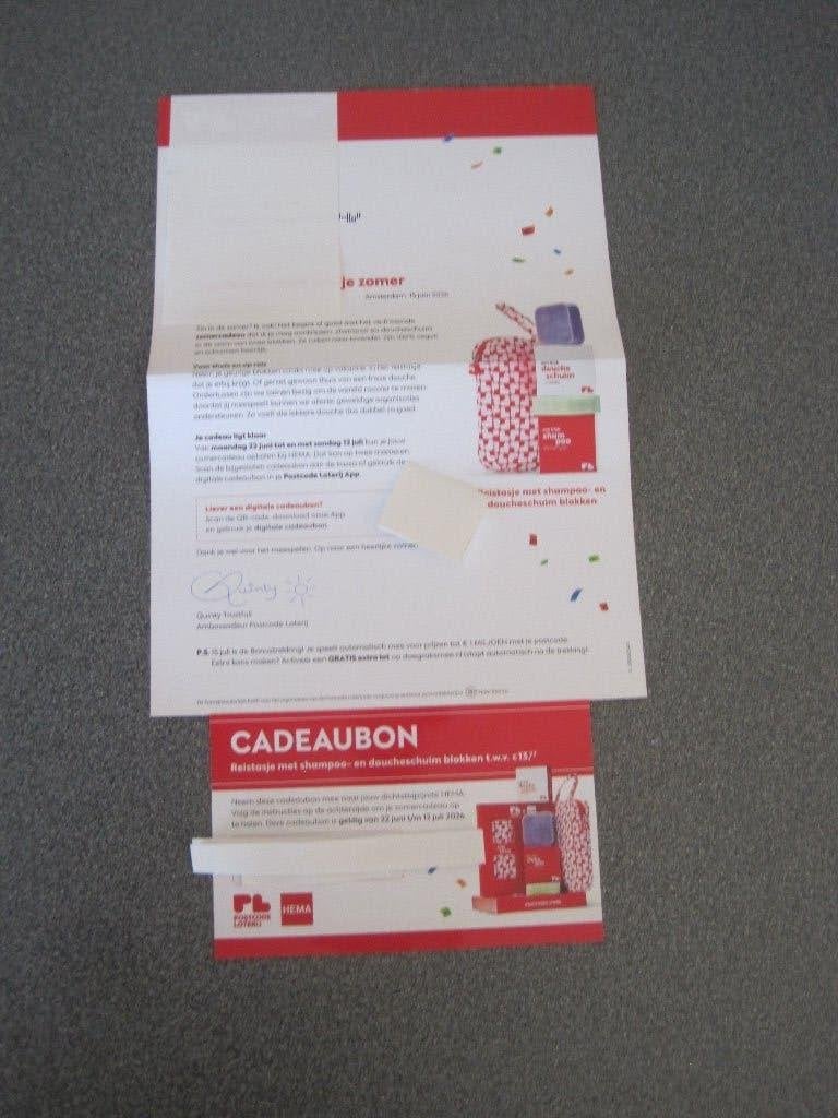 Postcodeloterij cadeaubon reistas shampoo/doucheschuim blok, Tickets en Kaartjes, Eén persoon, Cadeaubon, Overige typen