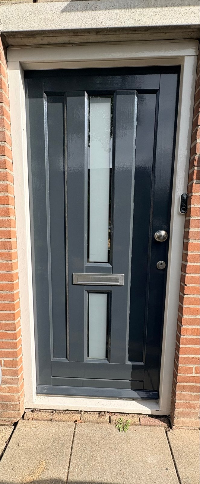 Moderne antraciete buitendeur met glas en beslag, Ophalen, Gebruikt, 80 tot 100 cm, Buitendeur
