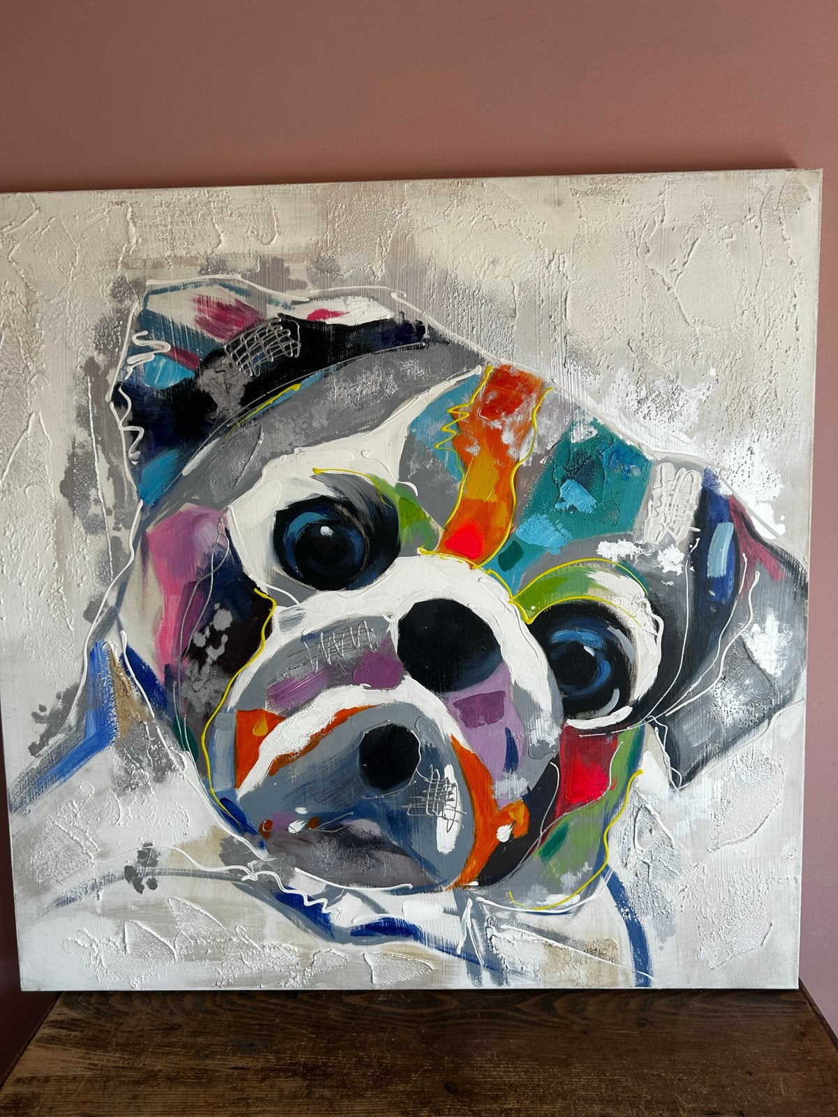 Kleurrijk schilderij hond 100x100 cm, Ophalen, Acrylverf, Dieren, Op houten frame