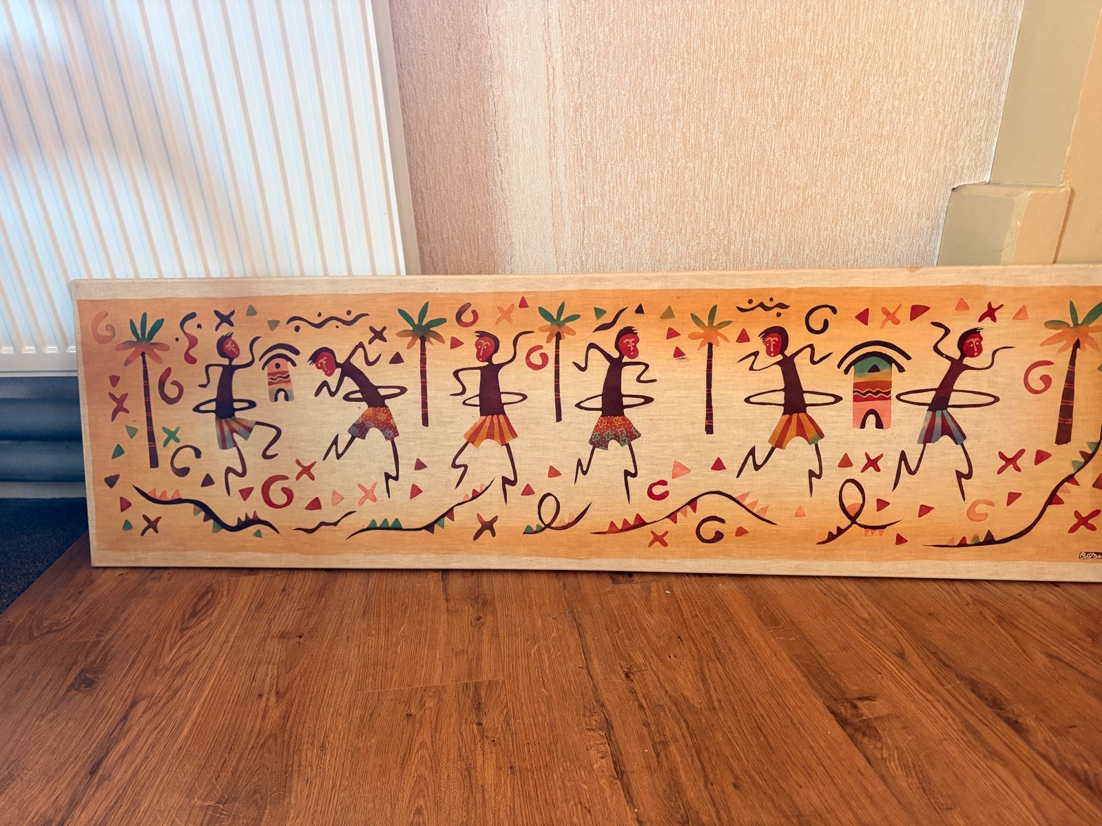Indiaas Warli Kunstwerk op Hout Handgeschilderd (140x40 cm), Hout, Schilderij, India, Ophalen of Verzenden