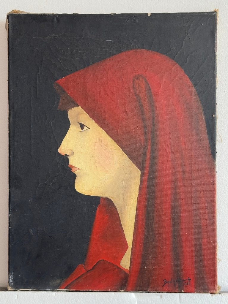 Portret van een vrouw met rode kap, gesigneerd Bouqué 65, Ophalen, Acrylverf, Doek, Portret of Personen