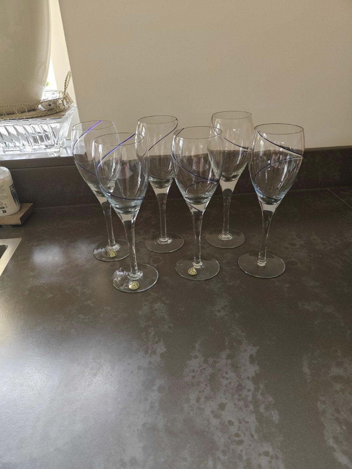 6 handgemaakte glazen met blauwe streep - Nieuwstaat, Ophalen of Verzenden