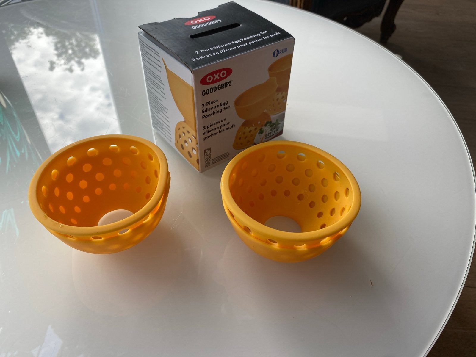 OXO Good Grips Siliconen Eierpocheerders - 2 Stuks, Overige typen, Geel, Ophalen of Verzenden, Zo goed als nieuw