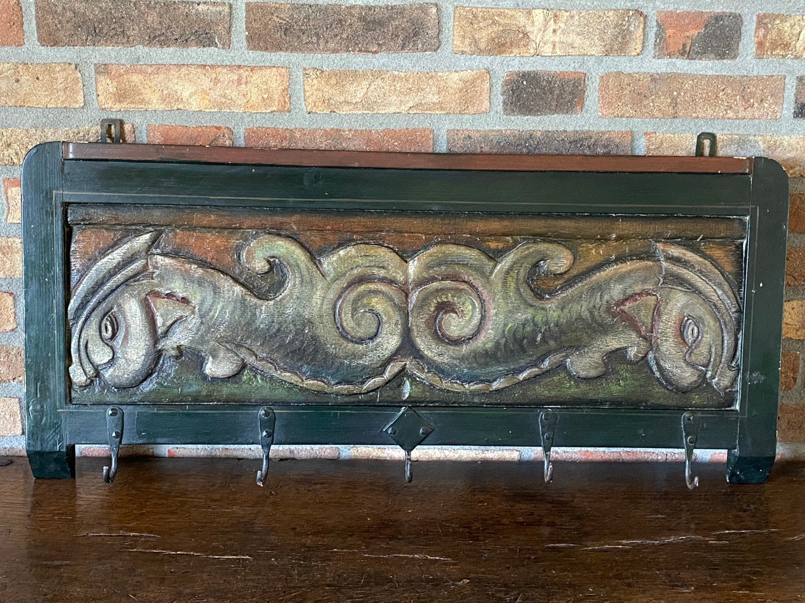 Antieke handgesneden houten wandrek/kapstok, 81 cm, Antiek en Kunst, Ophalen of Verzenden