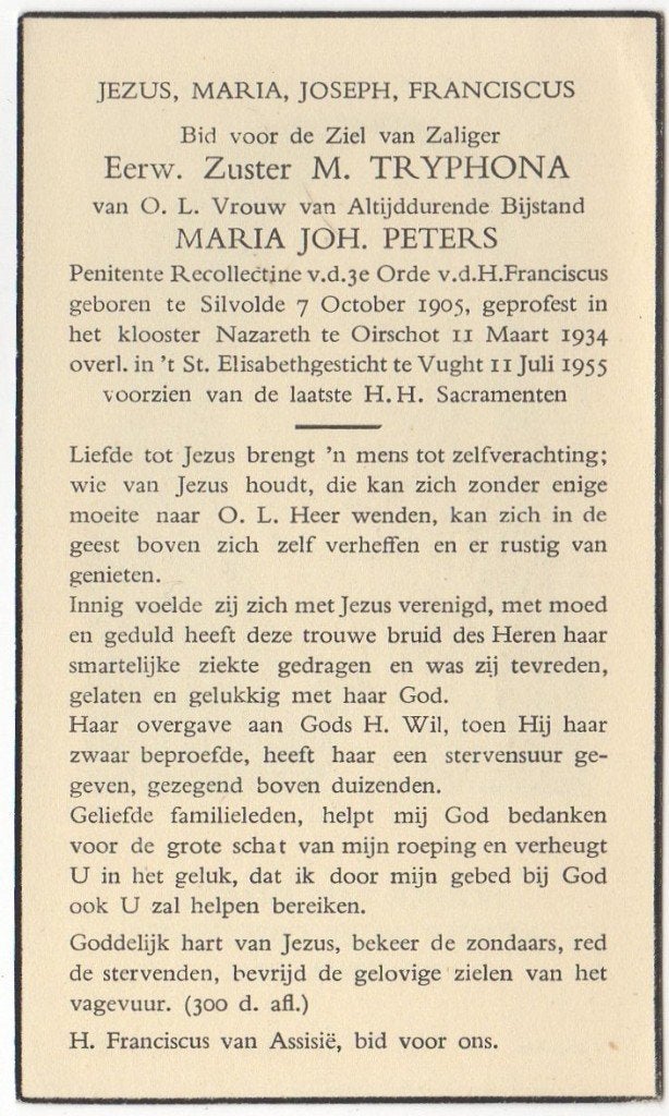 zr. Maria Johanna Peters 1905 Silvolde + 1955 Vught/Oirschot, Ophalen of Verzenden