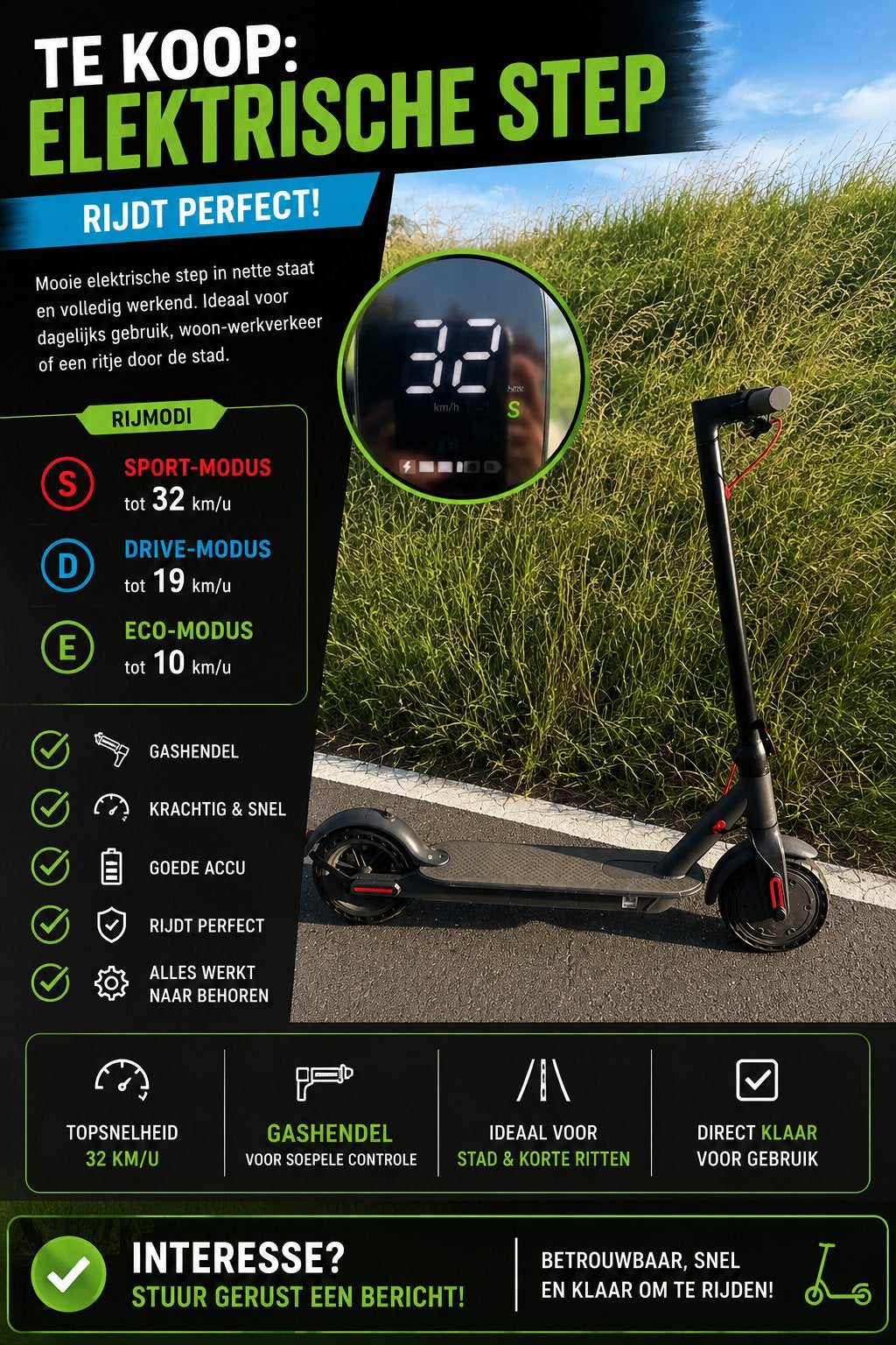Elektrische step - Rijdt perfect! Topsnelheid 32 km/u, Ophalen of Verzenden, Zo goed als nieuw, Elektrische step (E-scooter)
