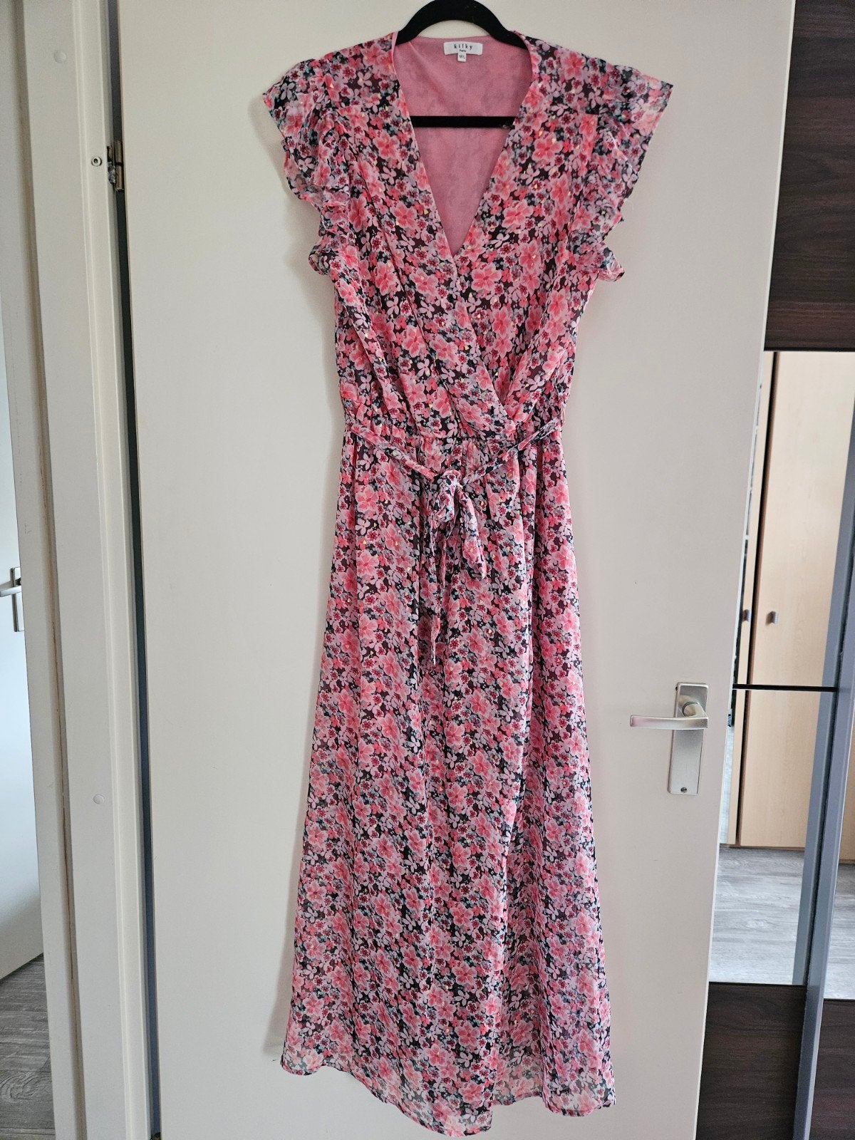 Jurk roze bloemen M/L, Maat 42/44 (L), Ophalen of Verzenden, Zo goed als nieuw, Roze