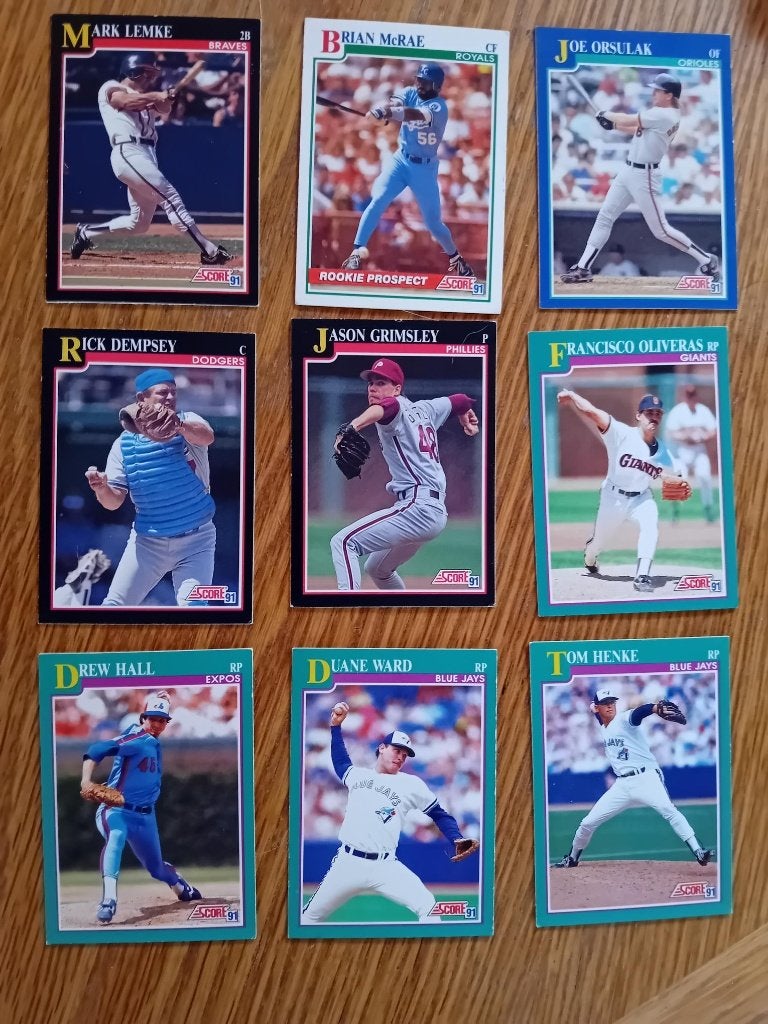 Honkbal - Baseball trading cards Score 1991  9 stuks, Ophalen of Verzenden, Zo goed als nieuw, Buitenlandse clubs, Poster, Plaatje of Sticker