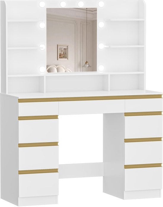Make-up Tafel met Spiegel en 10 LED Verlichting, Huis en Inrichting, 100 tot 150 cm, Nieuw, Ophalen of Verzenden, Elegant wit ontwerp met gouden handgrepen voor luxe uitstraling
