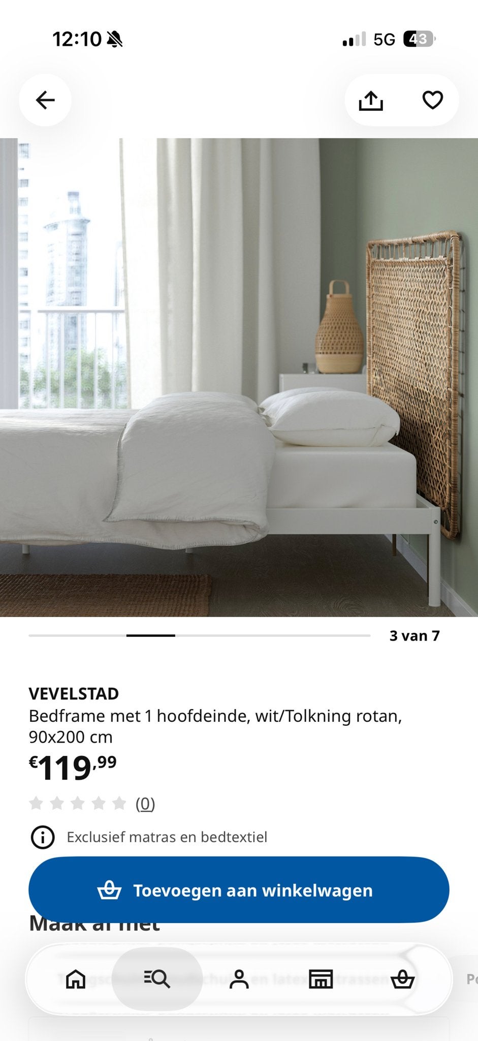 IKEA VEVELSTAD Bedframe met hoofdeinde, wit/rotan, 90x200 cm, Huis en Inrichting, Ophalen, 90 cm, Eenpersoons, Wit