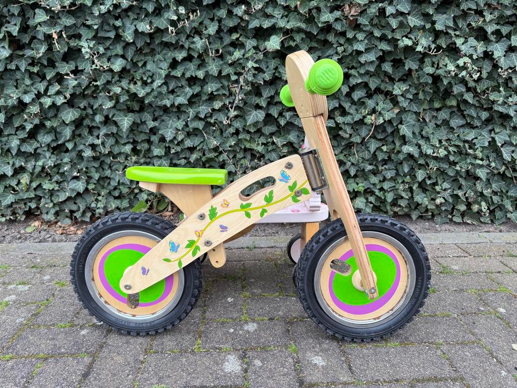 Houten loopfiets met groene en paarse accenten, Ophalen of Verzenden, Nieuw, Loopfiets