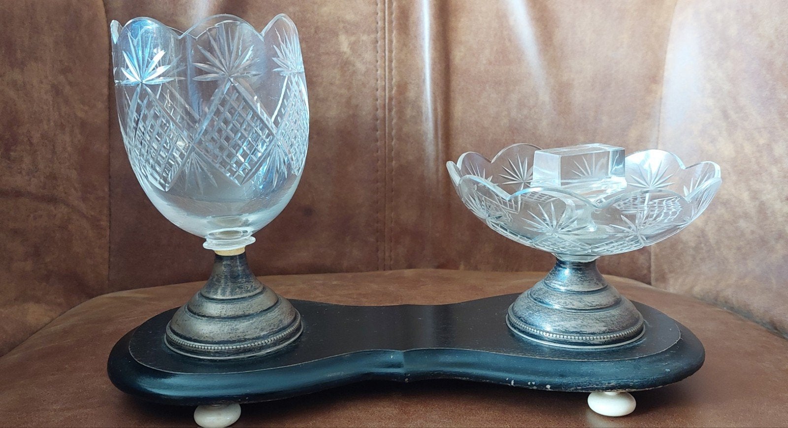 Antieke kristallen rookset. Kristal, zilver, hout., Ophalen of Verzenden