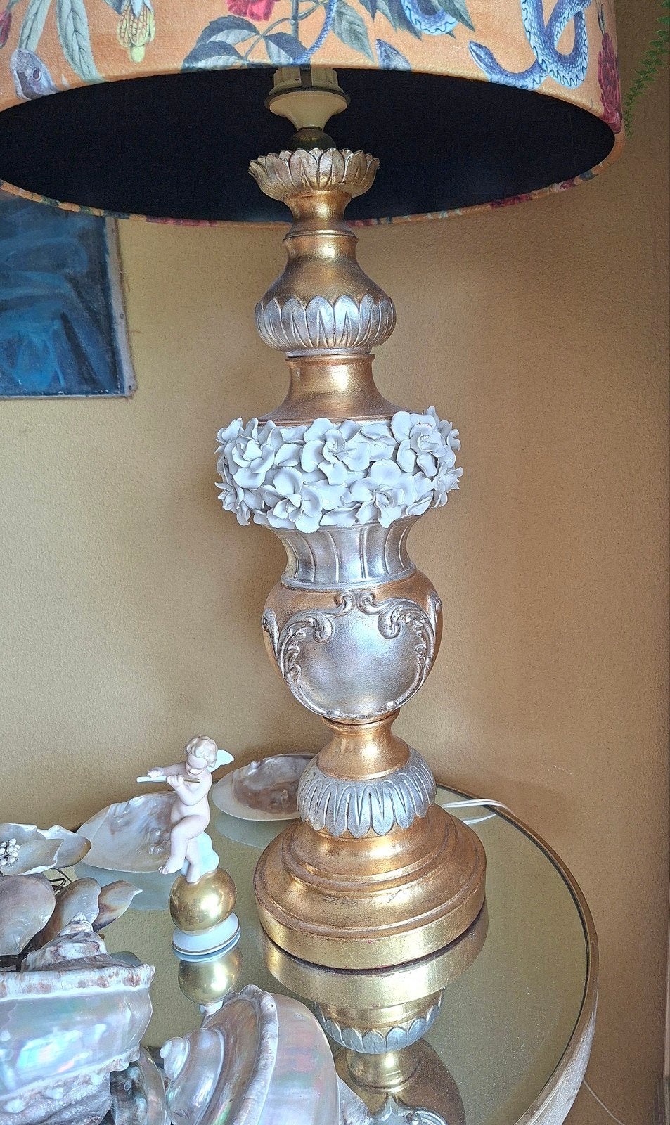 Italiaanse schemerlamp hout/porselein vintage, Ophalen