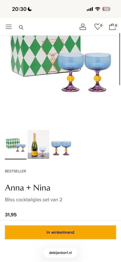 Anna+Nina Bliss cocktailglazen set van 2, Ophalen, Glas, Nieuw, Meerkleurig