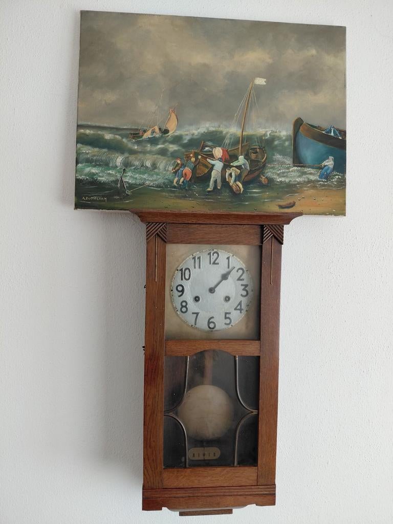 Oude klok en olieverf schilderij, Antiek en Kunst, Ophalen of Verzenden