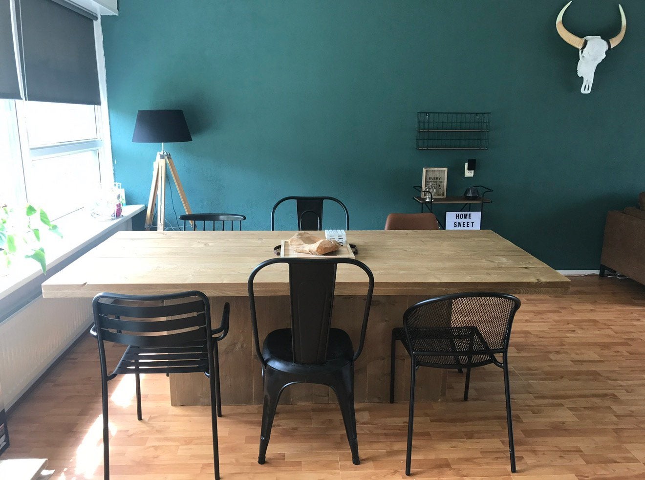 Steigerhouten eettafel met klepbank, Ophalen, Gebruikt, 100 tot 150 cm, 200 cm of meer