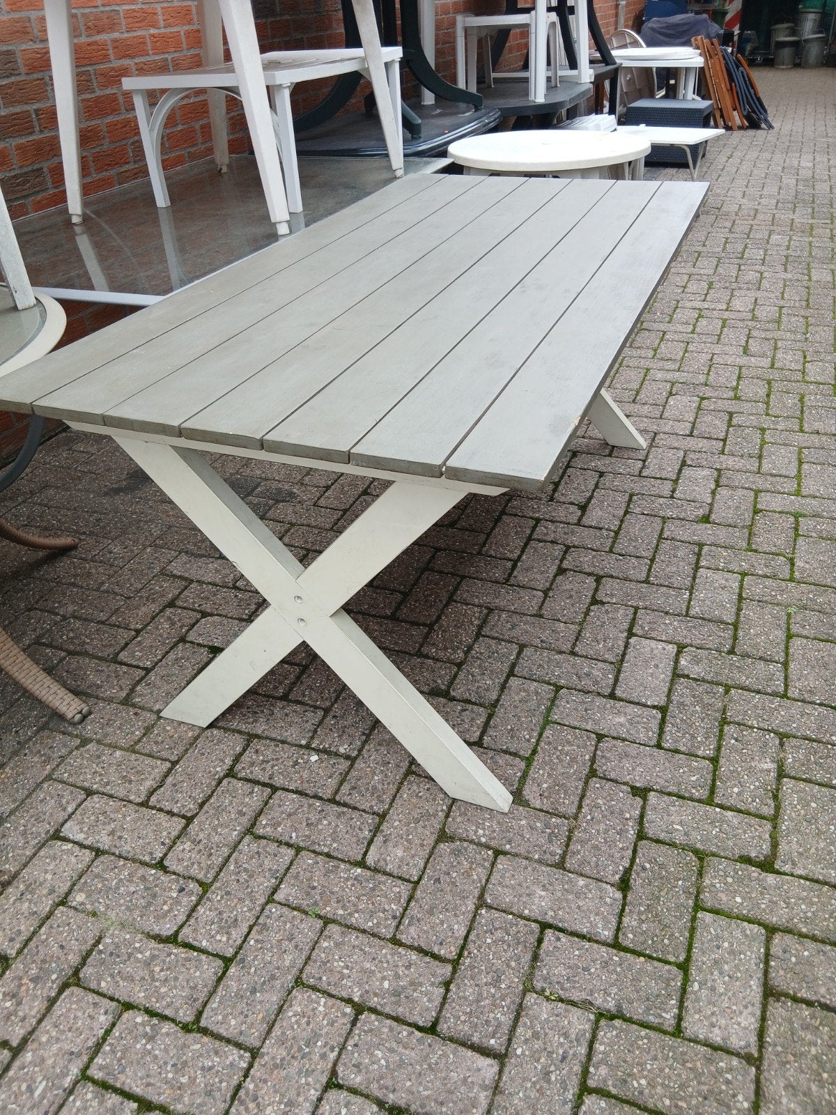 (0674) Houten tuintafel met kruispoot van 180x90x77 cm, Ophalen, Gebruikt, ., .