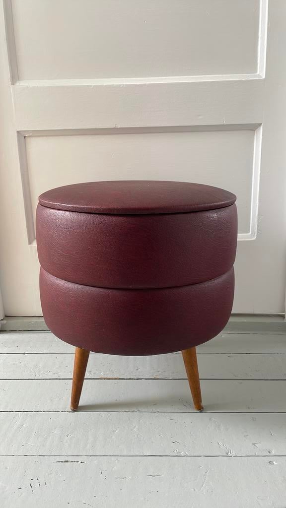 Vintage poef met opbergruimte, naaidoos, Ophalen, Leer, Gebruikt, Rond