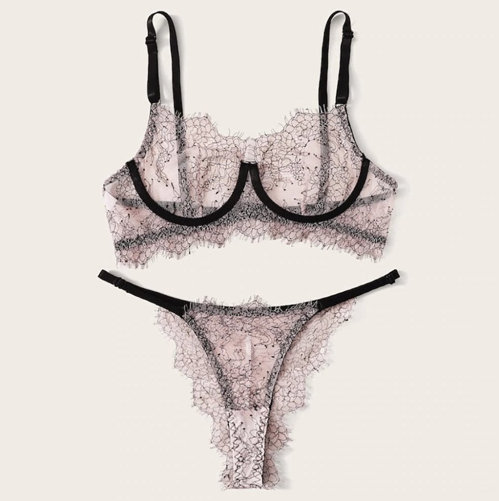 Doorzichtige roze bh & slipje setje kanten lingerie dames, Verzenden, Roze, Setje